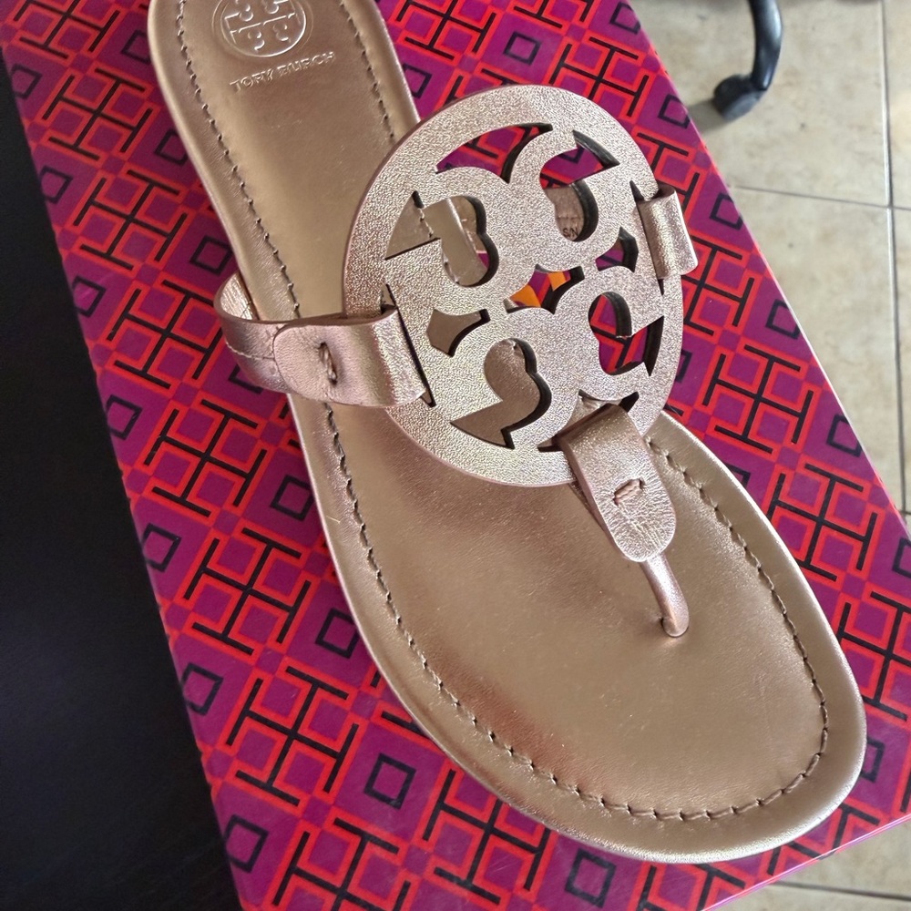 Tory Burch Rose Gold Logo Sandals - Picture 2 of 4